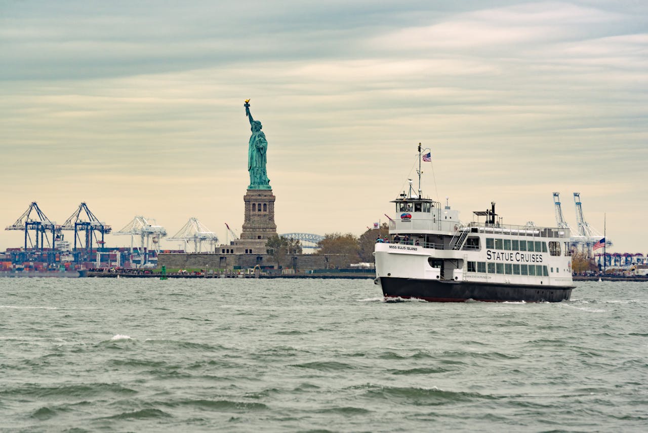 Manhattan skyline viewed from New York Harbor near Statue of Liberty